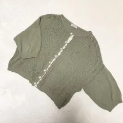 【SM2】パーツレース付 透かし編み カーディガン 綿麻 くすみ グリーン F