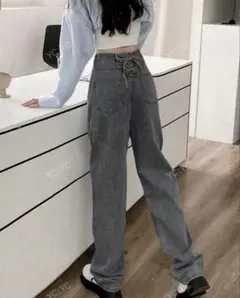 バックリボン　ストレート ハイウエスト ジーンズ S ブラック