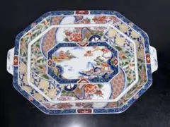 極上古伊万里 色絵賢人碁打図長皿 細密絵付 双龍文 江戸期 古美術 21cm