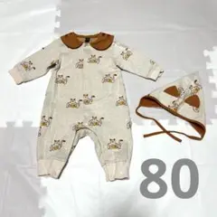 モイモルン　ネコ柄ロンパース　ボンネット付き80センチ　ベビー服　長袖ロンパース