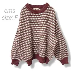 【イームス】emsニットセーター ドロップショルダー ゆったり 総柄 F レッド