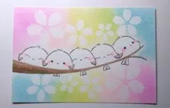 シマエナガ　仲良し５羽　パステル画　桜