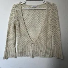 アイボリー Vネック レース編みカーディガン　七分袖
