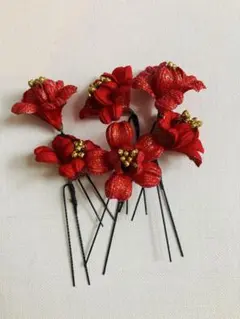 赤いお花の髪飾り 6個セット 約8cm