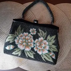 昭和レトロ　総ビーズバッグ がま口 ハンドバッグ 和洋装 牡丹柄