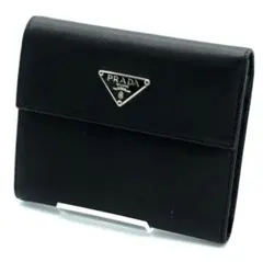 極美品 PRADA 三つ折り財布 サフィアーノ レザー ブラック 三角ロゴ　①