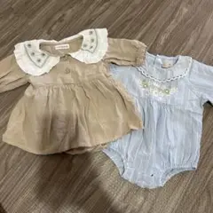 【美品】ベージュフリル襟トップスと水色ロンパースセット