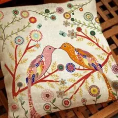 鳥と花のデザイン クッションカバー