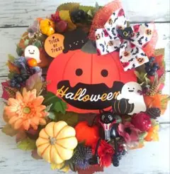 カボチャと黒猫のリース✿ハロウィンリース✿秋リース✿ナチュラルリース