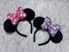 ディズニー　ミニー　カチューシャ　スパンコール　ピンク　パープル　紫　リボン