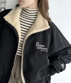 Java 胸刺繍オーバーサイズナイロンボアブルゾン ブラック