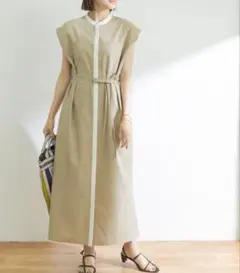 バンドカラー配色シャツワンピース