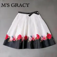 希少✨エムズグレイシー フレアスカート フラワーモチーフ レッド 上品