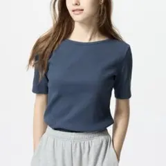 【UNIQLO】リブボートネックT/5分袖（ブルー、M）