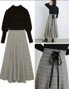 リブニットコンビチェックワンピース　レースアップ　フレイアイディー