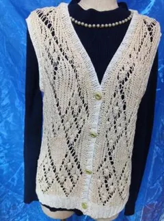 ベージュ ニット レース編み カーディガン