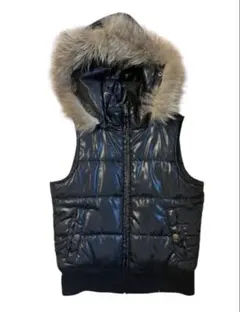 黒ファー付きダウンベスト　短丈