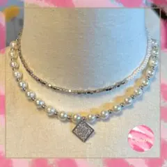 パール、シルバー、2連、ネックレス、チョーカー