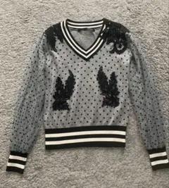 adonisis グレーカットワークレースドットチュール袖 ニット Fサイズ