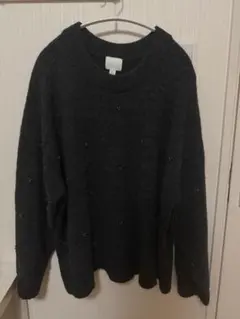 ビーズ装飾 ダークグレー 長袖ニットセーター