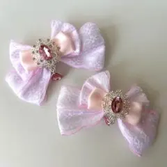 ヘアクリップ ヘアピン ピンクリボン ピンク レースリボン ハンドメイド