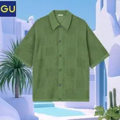 GU　ウォッシャブルメッシュニットシャツ　5分袖　Ｓサイズ　グリーン