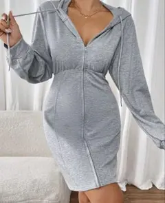 グレー フード付きジップアップワンピース