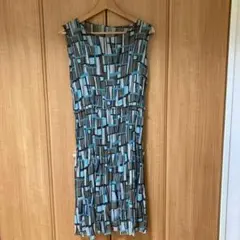 無袖及膝連衣裙 藍茶幾何圖案