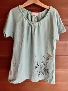 【ESCADA】水色 半袖Tシャツ 花と鳥のプリント　12歳のサムネイル