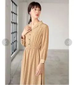 アースミュージックアンドエコロジー 開襟カラードットワンピース ベージュ