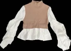 【美品】アンソロポロジー　トップス　茶ニット&白ブラウスコンビ120-130