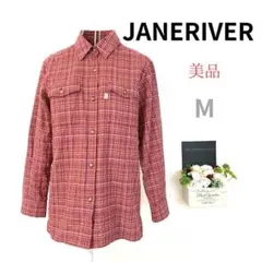 【美品A】 JANERIVER Yシャツ 長袖 チェック M ポケット 綿混 赤のサムネイル