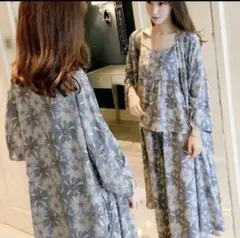 3点セット！ルームウェア ブラック部屋着 パジャマ カーディガン花柄 XLサイズ