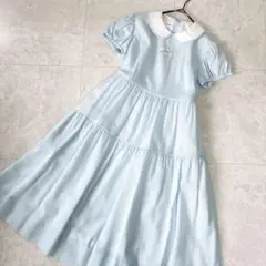 ファミリア　ワンピース　水色　ストライプ　刺繍　リボン　襟付き　発表会