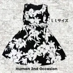 3/25終了❀モノトーン花柄フレアワンピース LL ウエストリボン 大きいサイズ