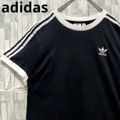 アディダス リンガーネックＴシャツ ブラック 刺繍ロゴ Mトレフォイル 半袖