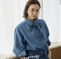 しまむら mysacloset 田中里奈 デニムボウタイブラウス　中紺　M