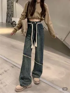 SHEIN フリンジ付きストレートデニム