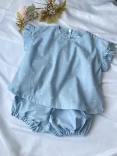 水色 花柄 トップスとショートパンツセット 90〜100cm