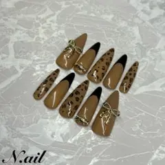 ヒョウ柄ネイルチップ アニマル柄 ブラウン ゴールド ブラック リボン ギャル