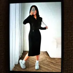 PETITE ブラック リブ入り ドローストリング ミディアム ボディコンドレス