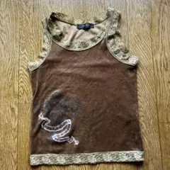 INGRID ベロア タンクトップ レース装飾 ブラウンのサムネイル