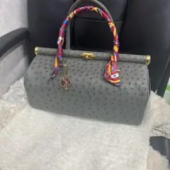 グレー オーストリッチ風ハンドバッグ JRAロゴ Ostrich w/scarf