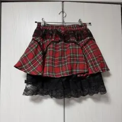 レッド チェック柄 ミニスカート レース 重ね着風のサムネイル