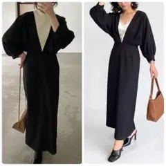 nairo新品未使用タグ付き VネックギャザーワンピースブラックMオールシーズン