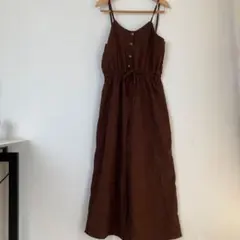 レディース　サロペット ウエストリボン ボタン付き　ブラウン　秋冬