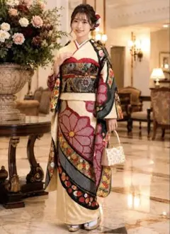 美品 正絹 振袖フルセット 赤 花柄 金彩 成人式 トールサイズ 裄丈68.5