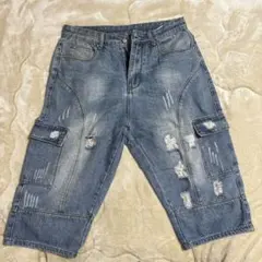 ブルー ダメージ加工 カーゴパンツ