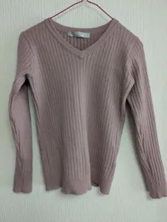 薄紫 Vネック リブ編みセーター 長袖