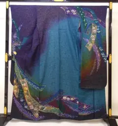 中古美品 振袖 おぼろ絞り辻が花 金糸 金彩 紫×青系■N80301-1
